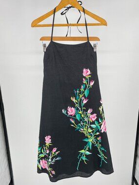 French Connection 100% Ramie Halter Dress Pink Green Floral Embroidered 6